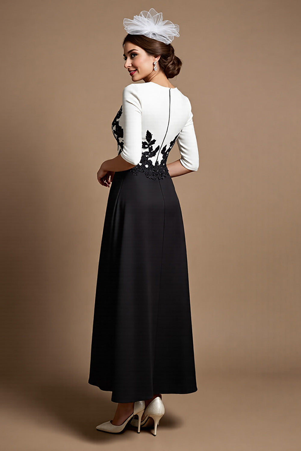 Black and White Maxi Satin Mother of the Bride Dress with Appliques