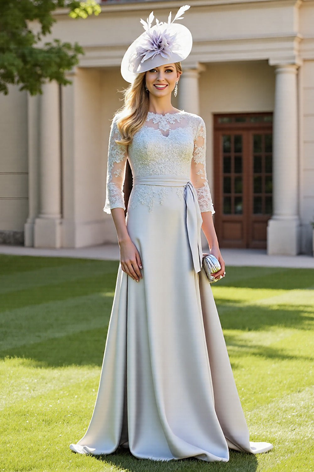 Silver A Line Maxi Satin Mother of the Bride Dress with Appliques