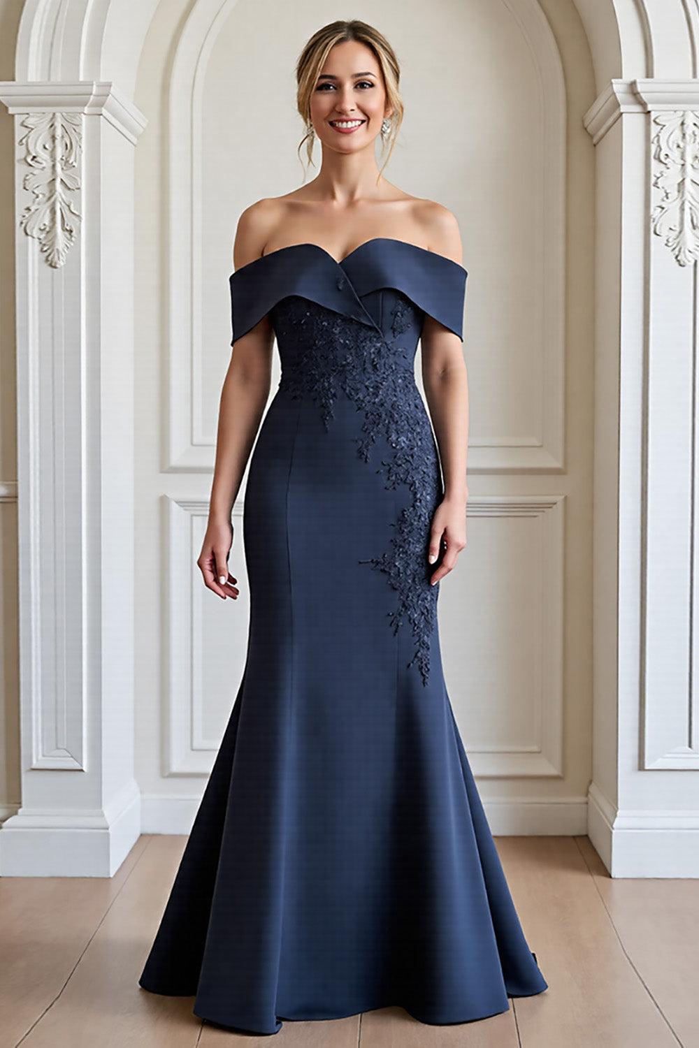 Navy Satin Mermaid Maxi Mother of the Bride Dress with Appliques