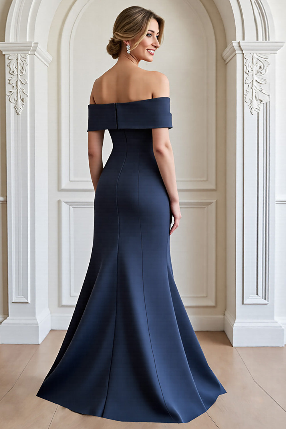 Navy Satin Mermaid Maxi Mother of the Bride Dress with Appliques