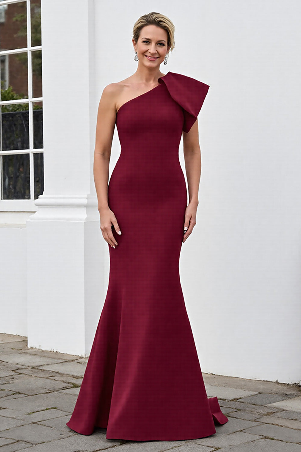 Leely Women Burgundy Mermaid Satin Maxi Mother of the Bride Dress Cap Sleeves One Shoulder Wedding Guest Dress