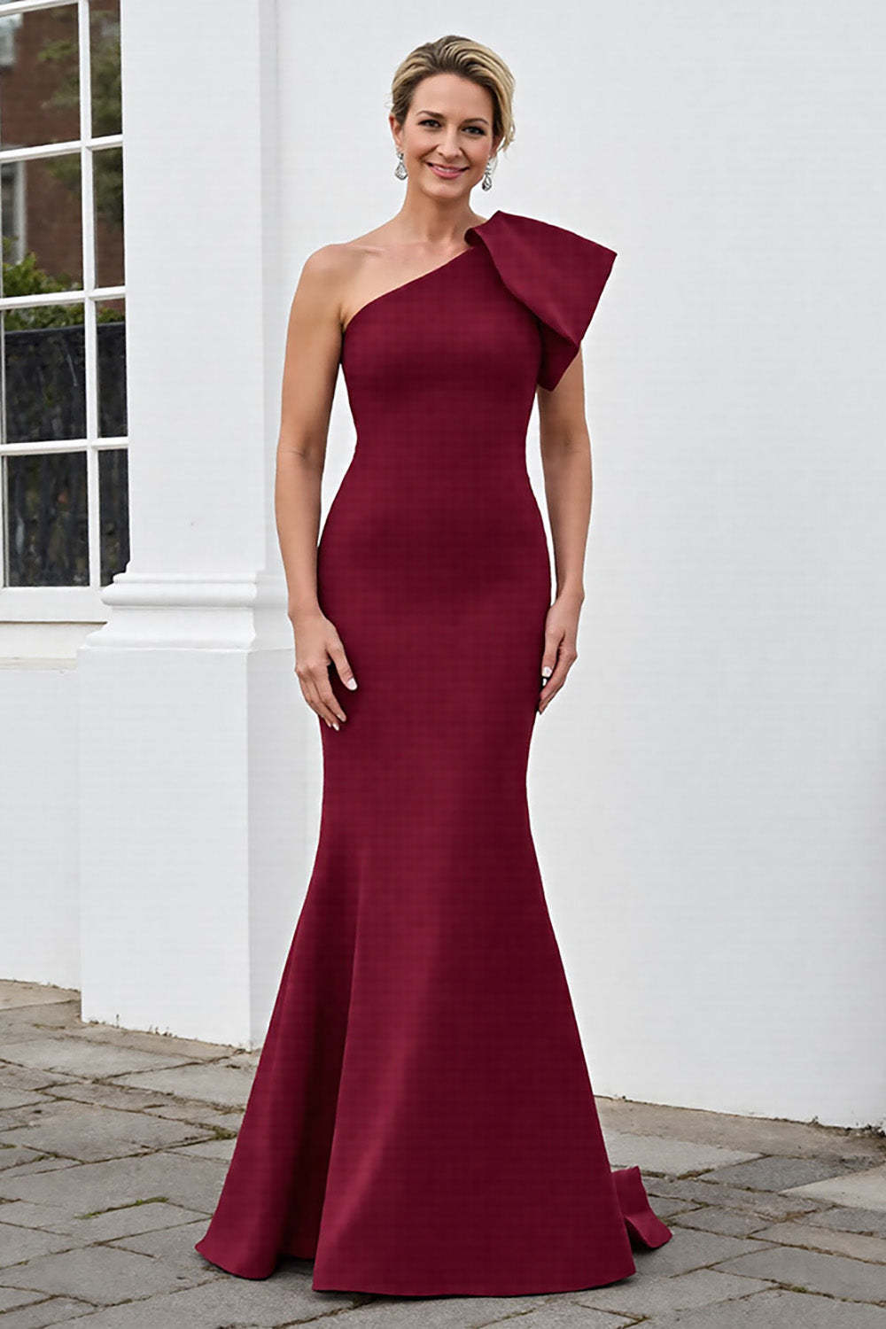 Leely Women Burgundy Mermaid Satin Maxi Mother of the Bride Dress Cap Sleeves One Shoulder Wedding Guest Dress