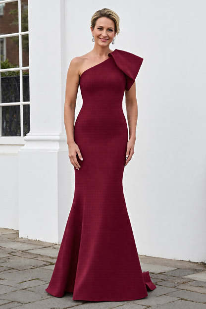 Leely Women Burgundy Mermaid Satin Maxi Mother of the Bride Dress Cap Sleeves One Shoulder Wedding Guest Dress