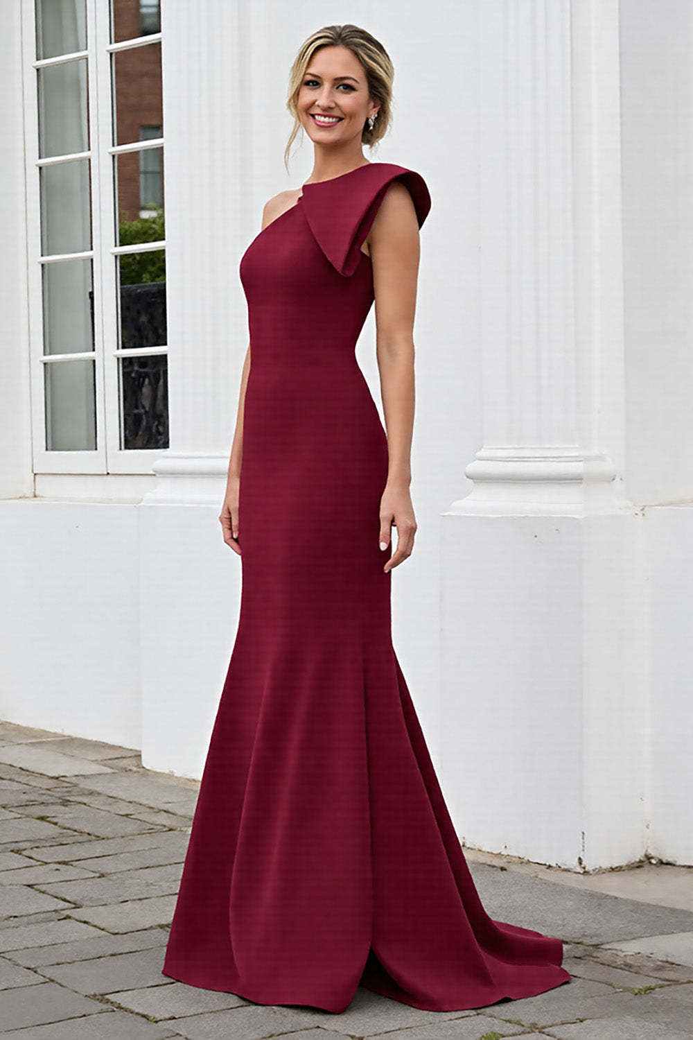 Burgundy Mermaid One Shoulder Satin Maxi Mother of the Bride Dress
