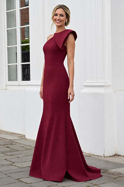 Burgundy Mermaid One Shoulder Satin Maxi Mother of the Bride Dress