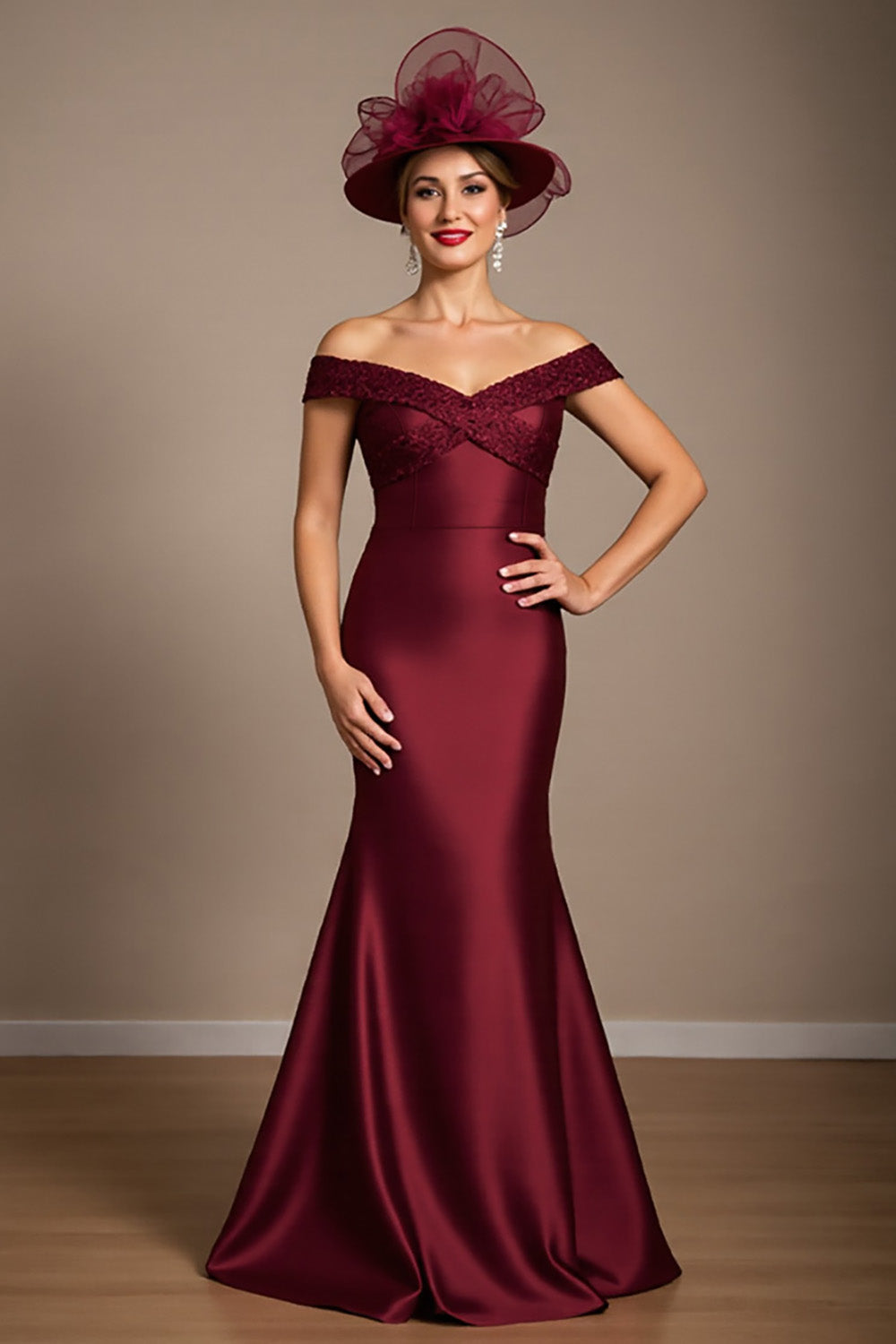 Burgundy Satin Mermaid Maxi Mother of the Bride Dress with Appliques