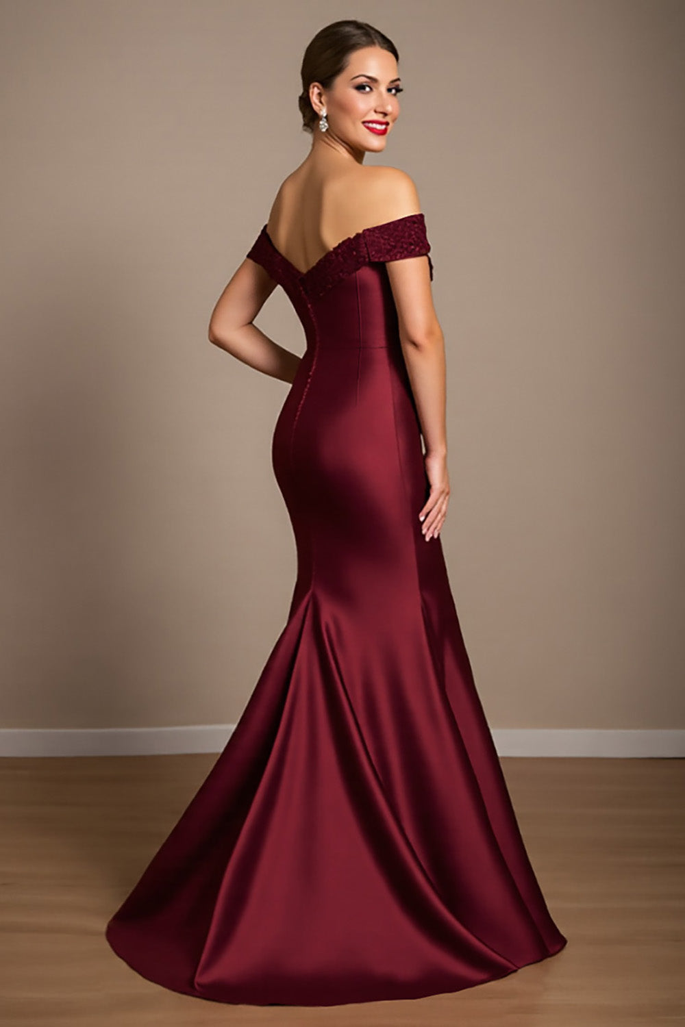 Burgundy Satin Mermaid Maxi Mother of the Bride Dress with Appliques