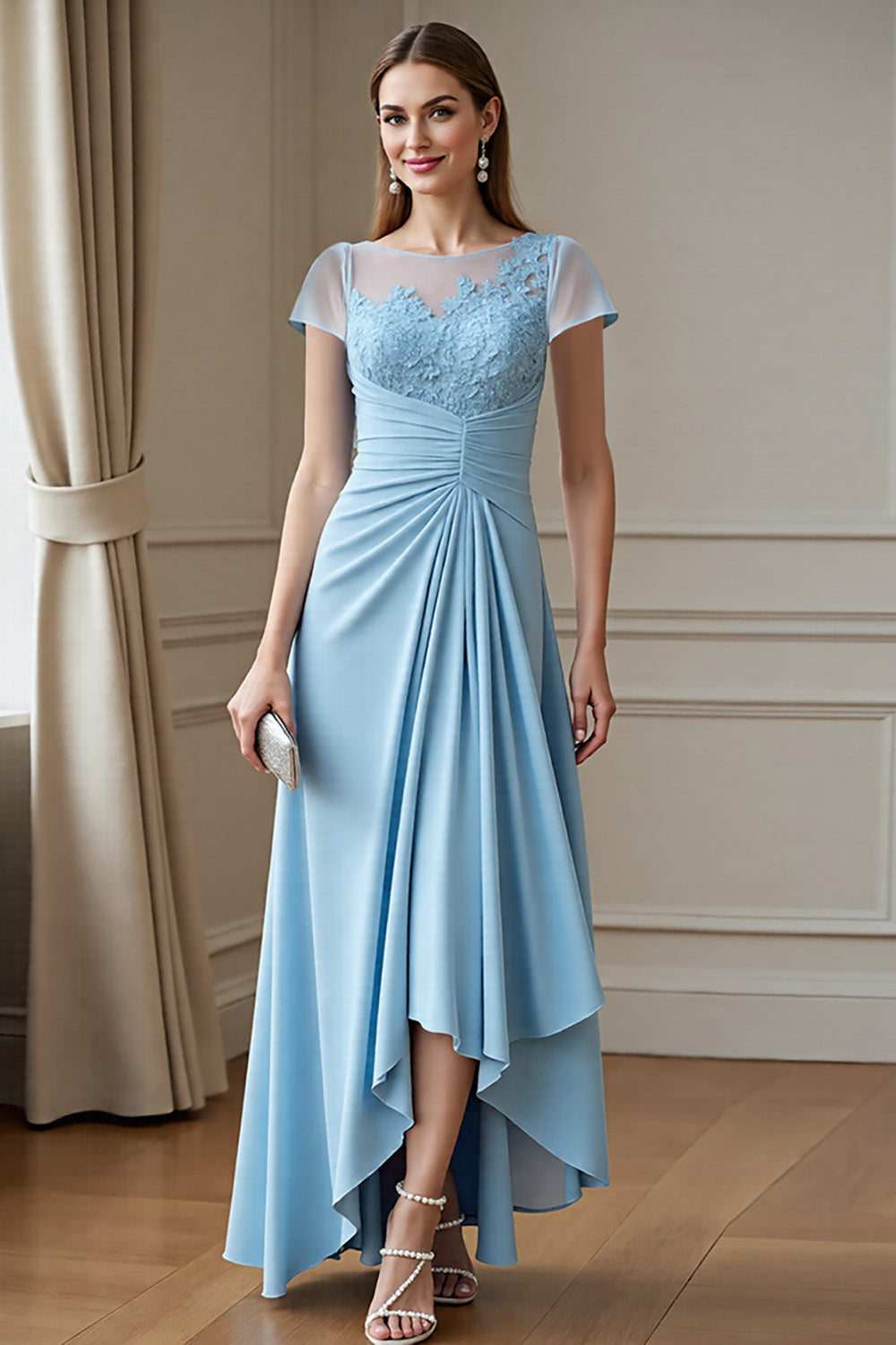 Sky Blue Chiffon A Line Maxi Mother of the Bride Dress with Lace