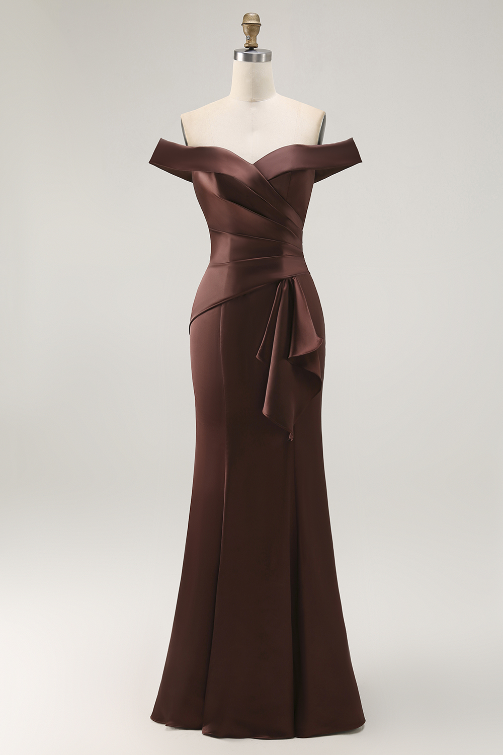 Brown Mermaid Satin Maxi Mother of the Bride Dress with Ruffles