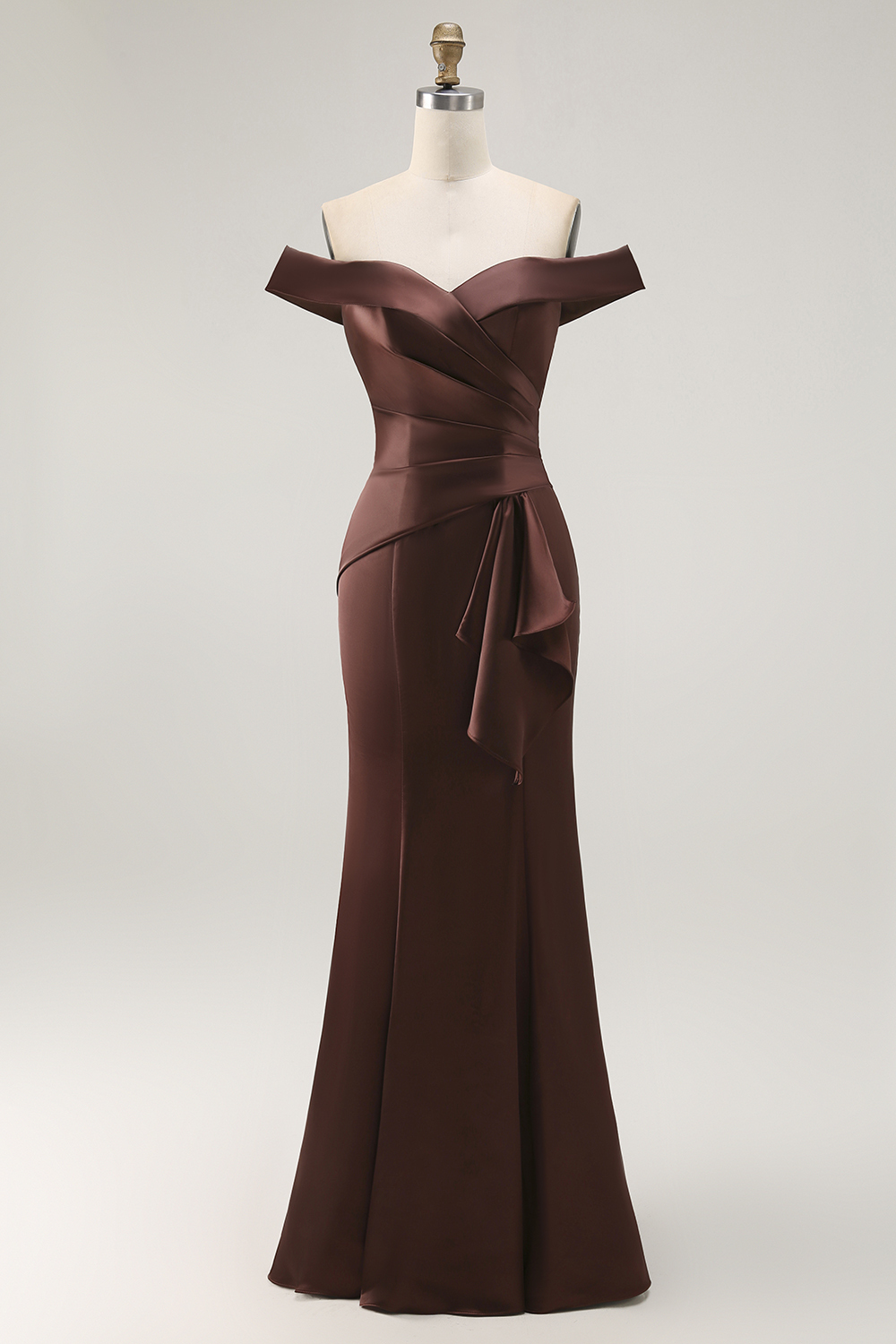 Brown Mermaid Satin Maxi Mother of the Bride Dress with Ruffles