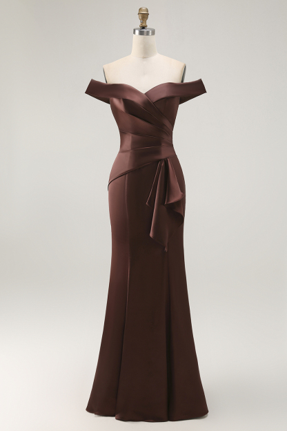 Brown Mermaid Satin Maxi Mother of the Bride Dress with Ruffles