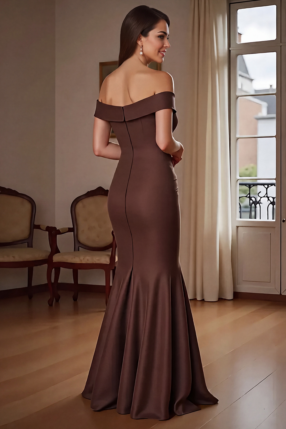 Brown Mermaid Satin Maxi Mother of the Bride Dress with Ruffles