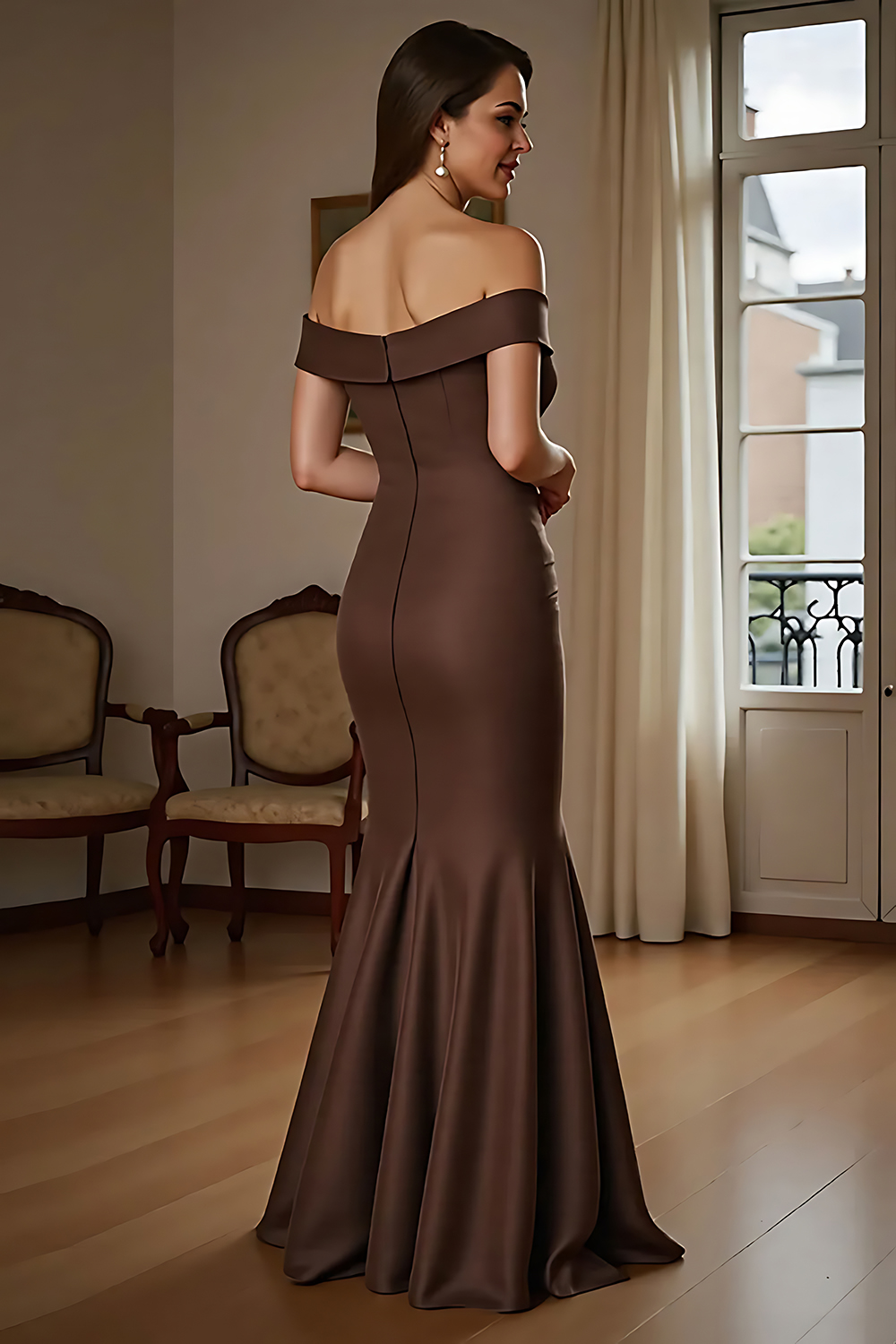 Brown Mermaid Satin Maxi Mother of the Bride Dress with Ruffles