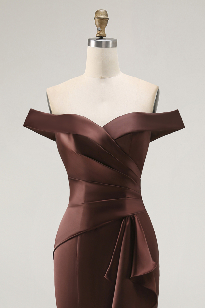 Brown Satin Mermaid Maxi Mother of the Bride Dress with Ruffles