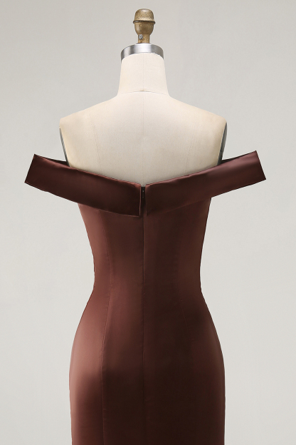 Brown Satin Mermaid Maxi Mother of the Bride Dress with Ruffles
