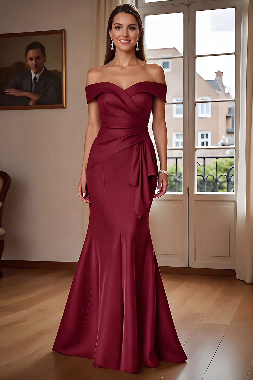 Brown Mermaid Satin Maxi Mother of the Bride Dress with Ruffles