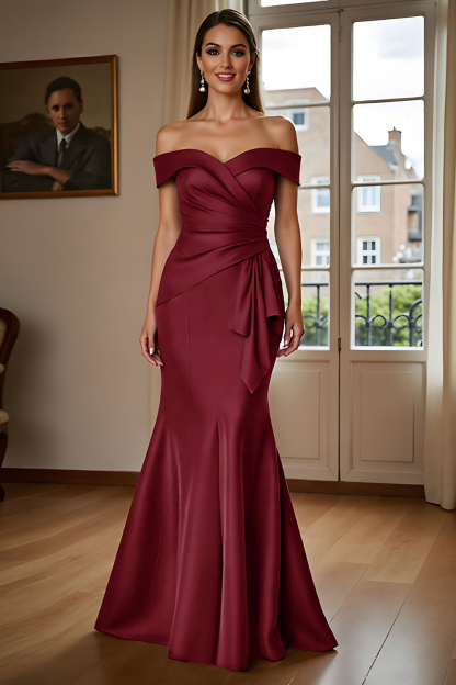 Brown Mermaid Satin Maxi Mother of the Bride Dress with Ruffles