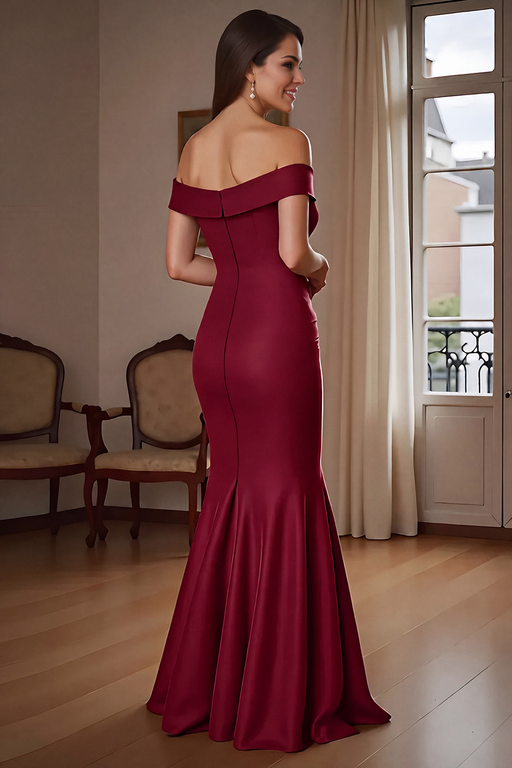Brown Mermaid Satin Maxi Mother of the Bride Dress with Ruffles