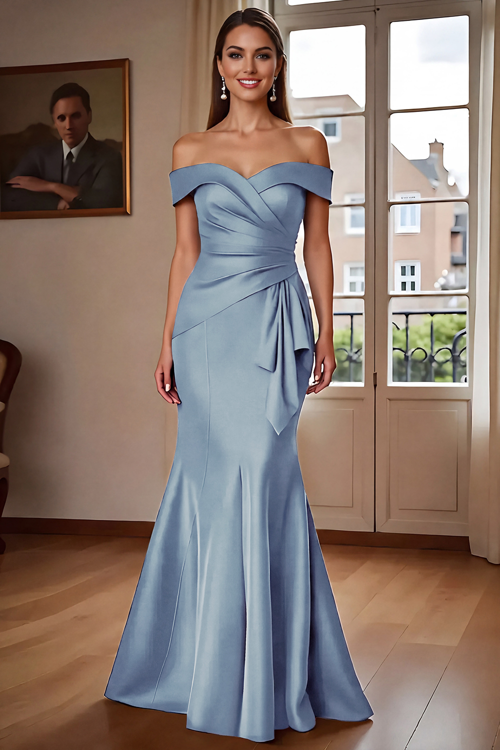 Brown Mermaid Satin Maxi Mother of the Bride Dress with Ruffles