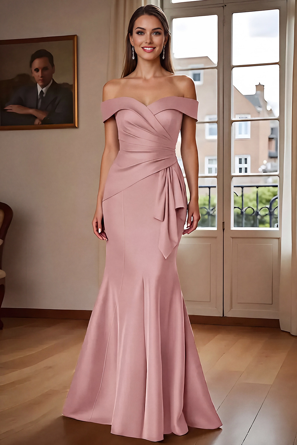 Brown Mermaid Satin Maxi Mother of the Bride Dress with Ruffles