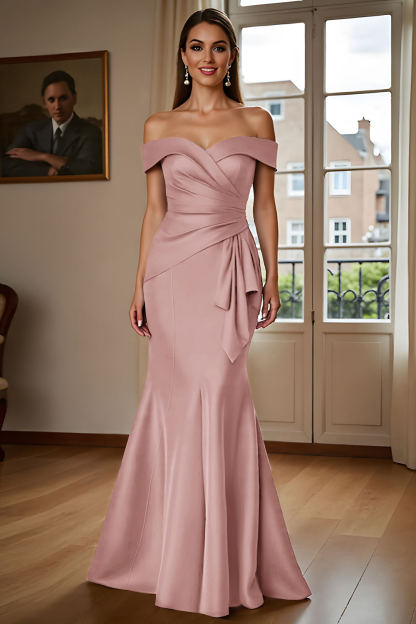 Brown Mermaid Satin Maxi Mother of the Bride Dress with Ruffles