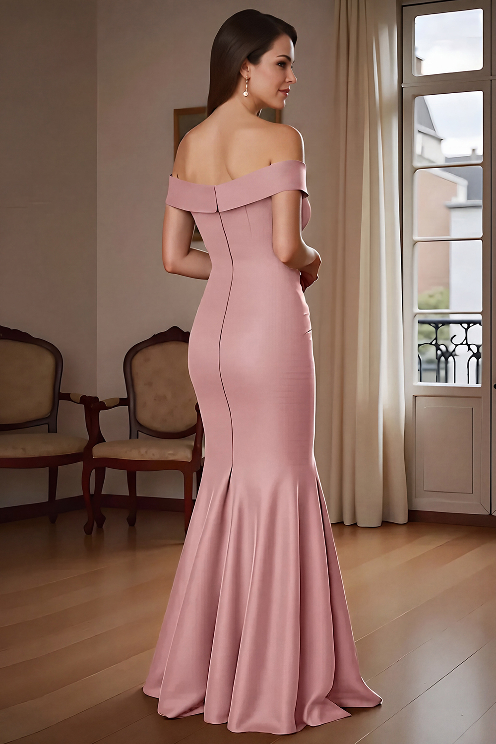 Brown Mermaid Satin Maxi Mother of the Bride Dress with Ruffles