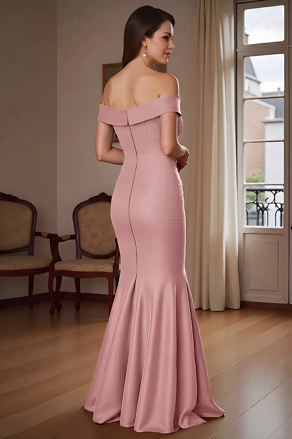 Brown Mermaid Satin Maxi Mother of the Bride Dress with Ruffles