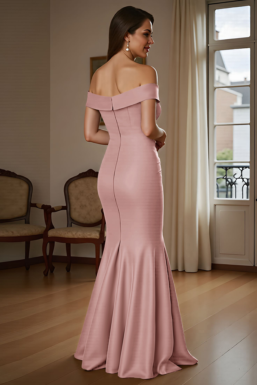 Brown Mermaid Satin Maxi Mother of the Bride Dress with Ruffles