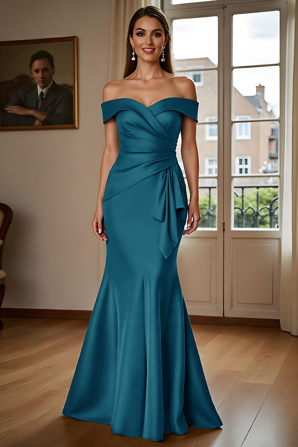 Brown Mermaid Satin Maxi Mother of the Bride Dress with Ruffles