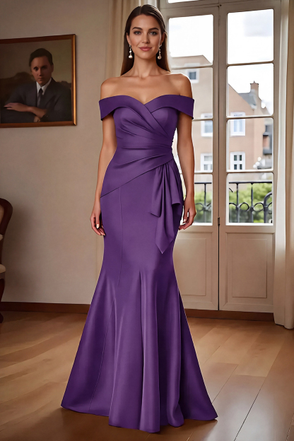Brown Mermaid Satin Maxi Mother of the Bride Dress with Ruffles