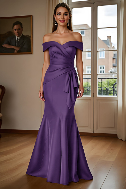 Brown Mermaid Satin Maxi Mother of the Bride Dress with Ruffles