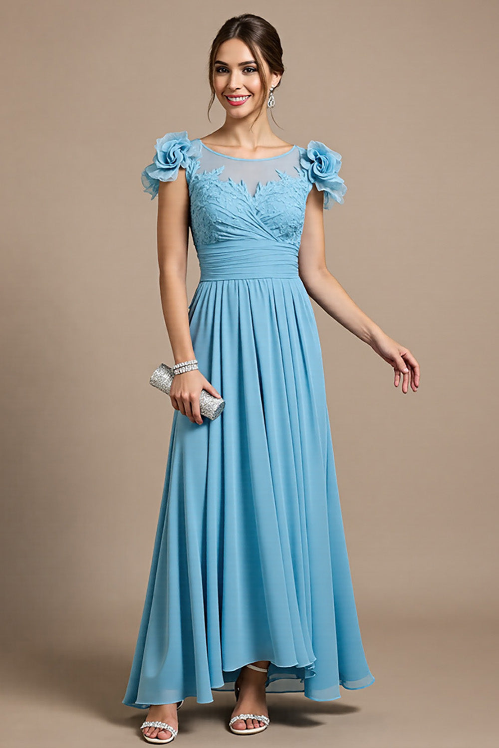 Sky Blue Floral Chiffon Maxi Mother of the Bride Dress with Appliques