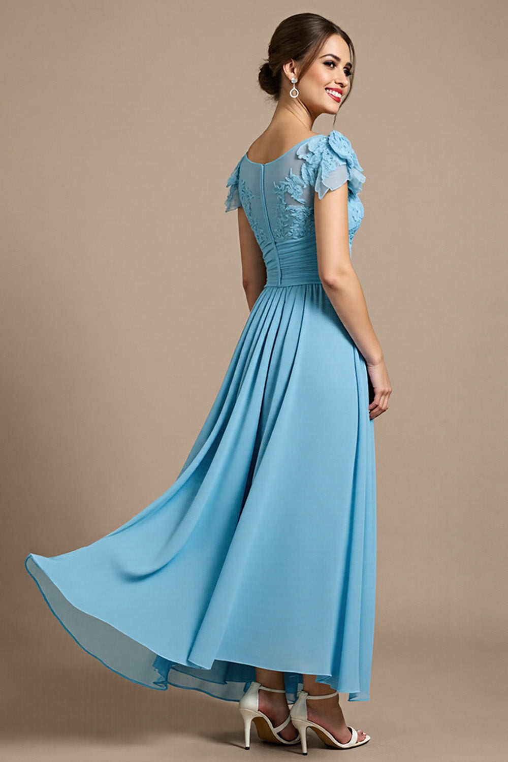 Sky Blue Floral Chiffon Maxi Mother of the Bride Dress with Appliques