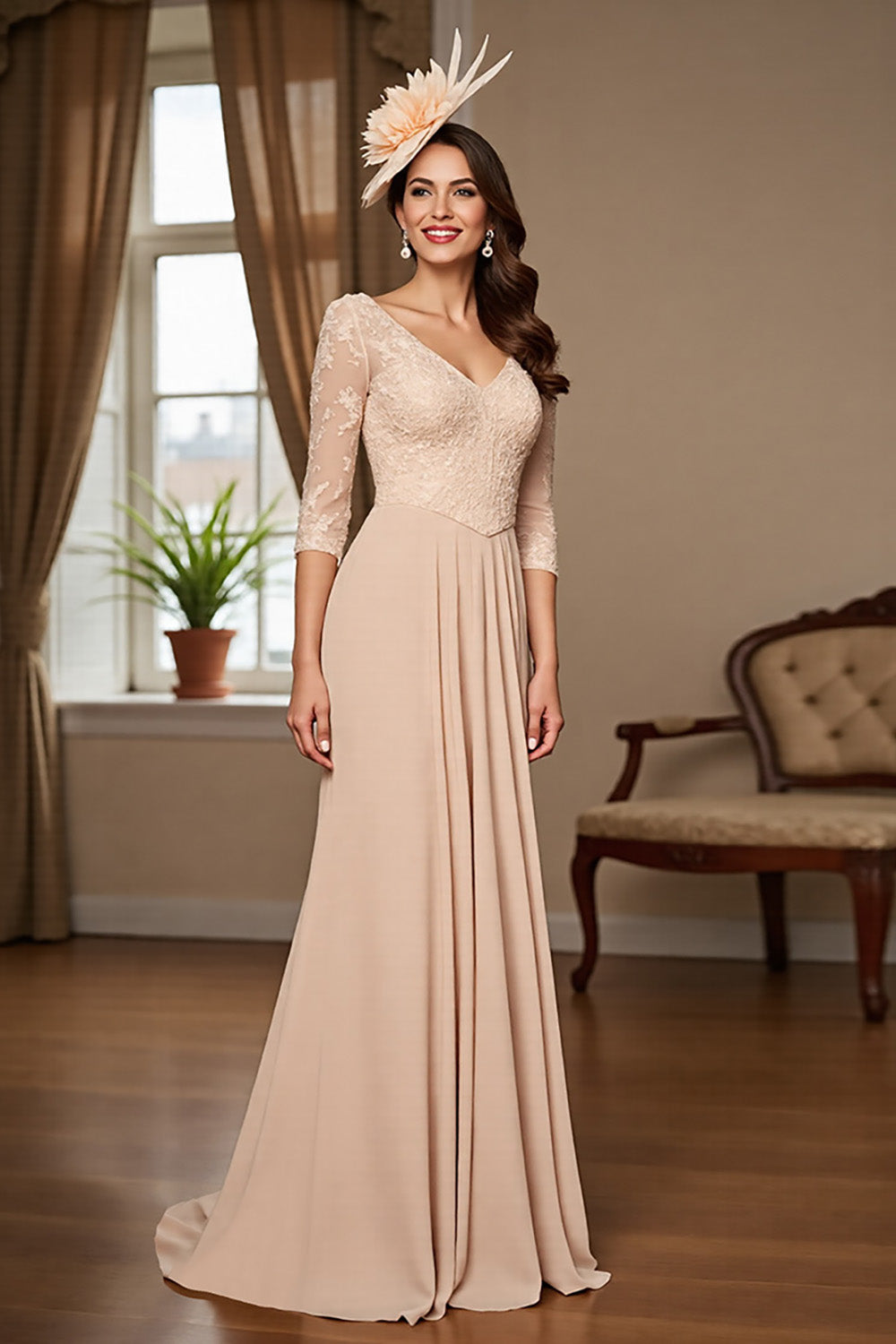 Leely Women Apricot Chiffon Maxi Mother of the Bride Dress with Lace A Line V-Neck 3/4 Sleeves Backless Formal Dress