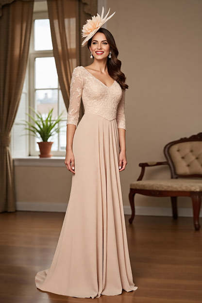 Leely Women Apricot Chiffon Maxi Mother of the Bride Dress with Lace A Line V-Neck 3/4 Sleeves Backless Formal Dress