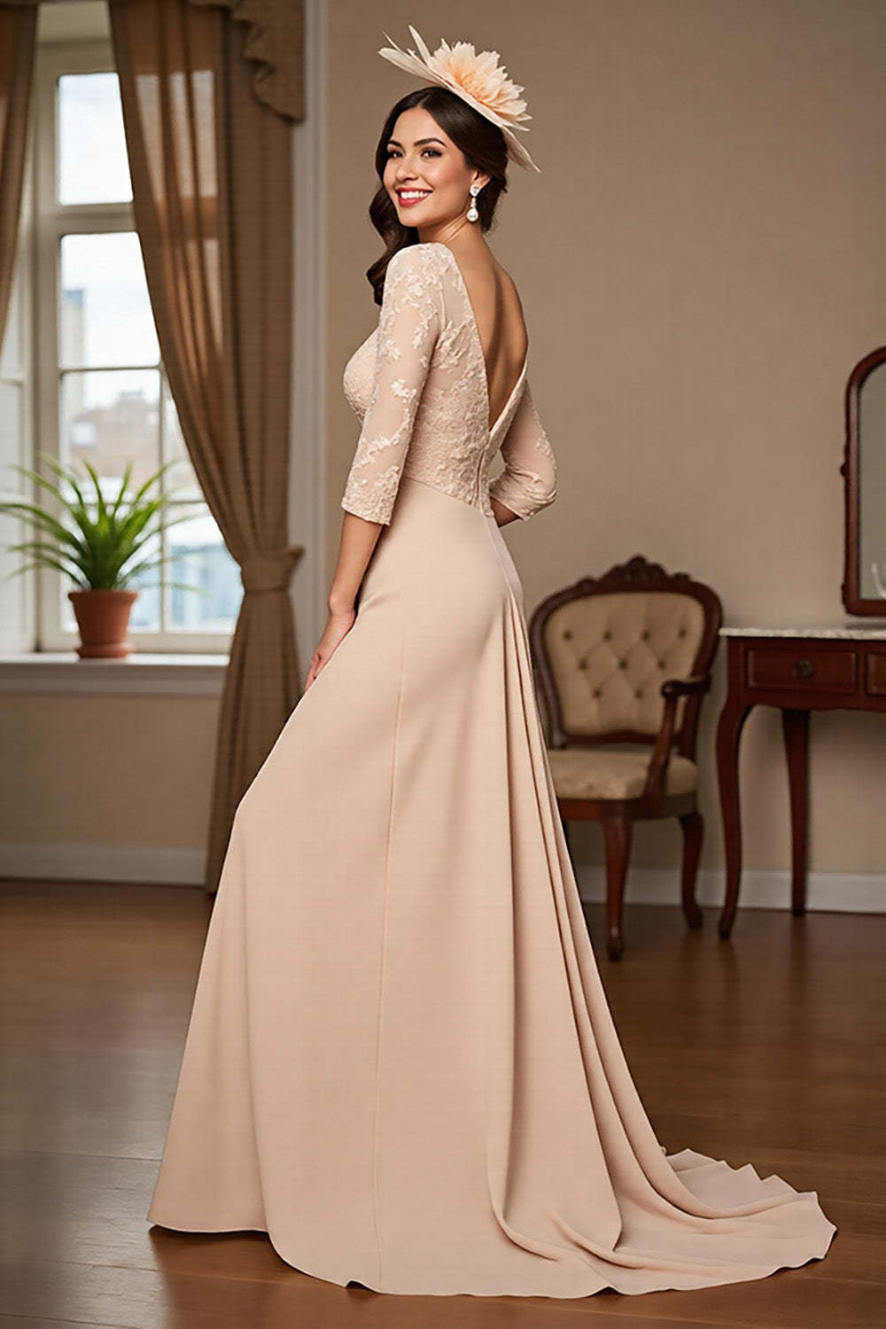 Apricot Chiffon A Line Maxi Mother of the Bride Dress with Lace