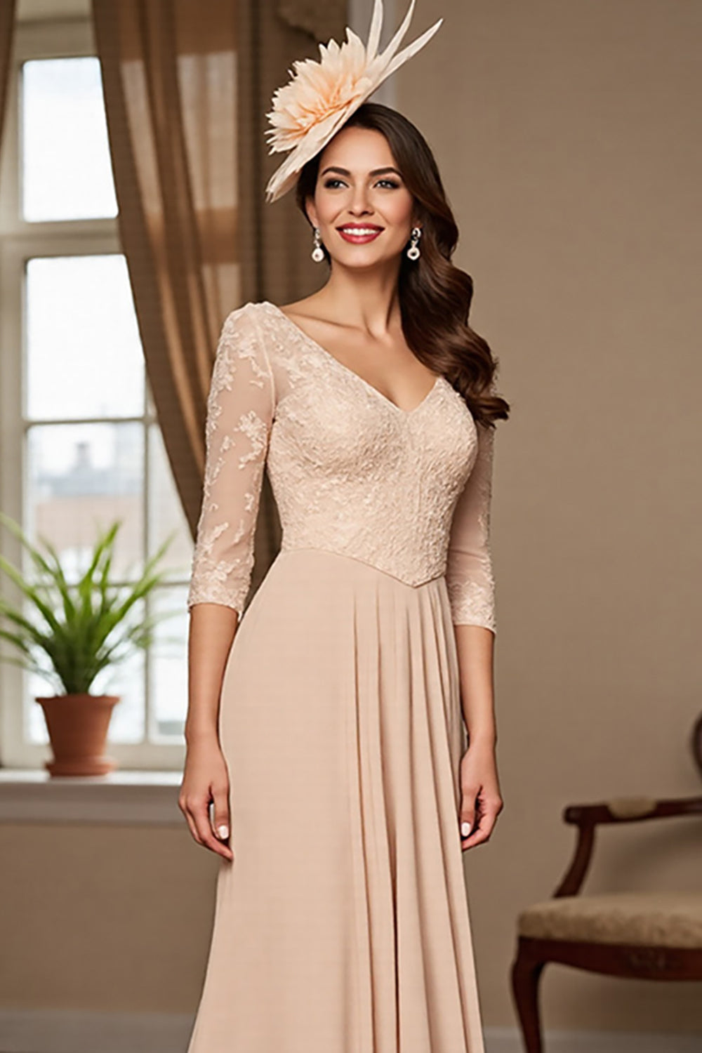 Apricot Chiffon A Line Maxi Mother of the Bride Dress with Lace