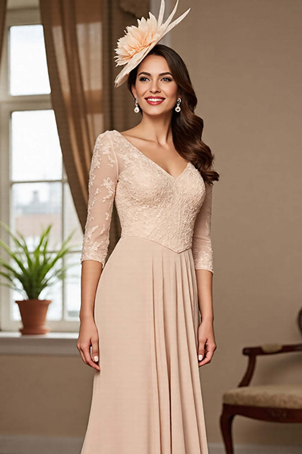 Apricot Chiffon A Line Maxi Mother of the Bride Dress with Lace