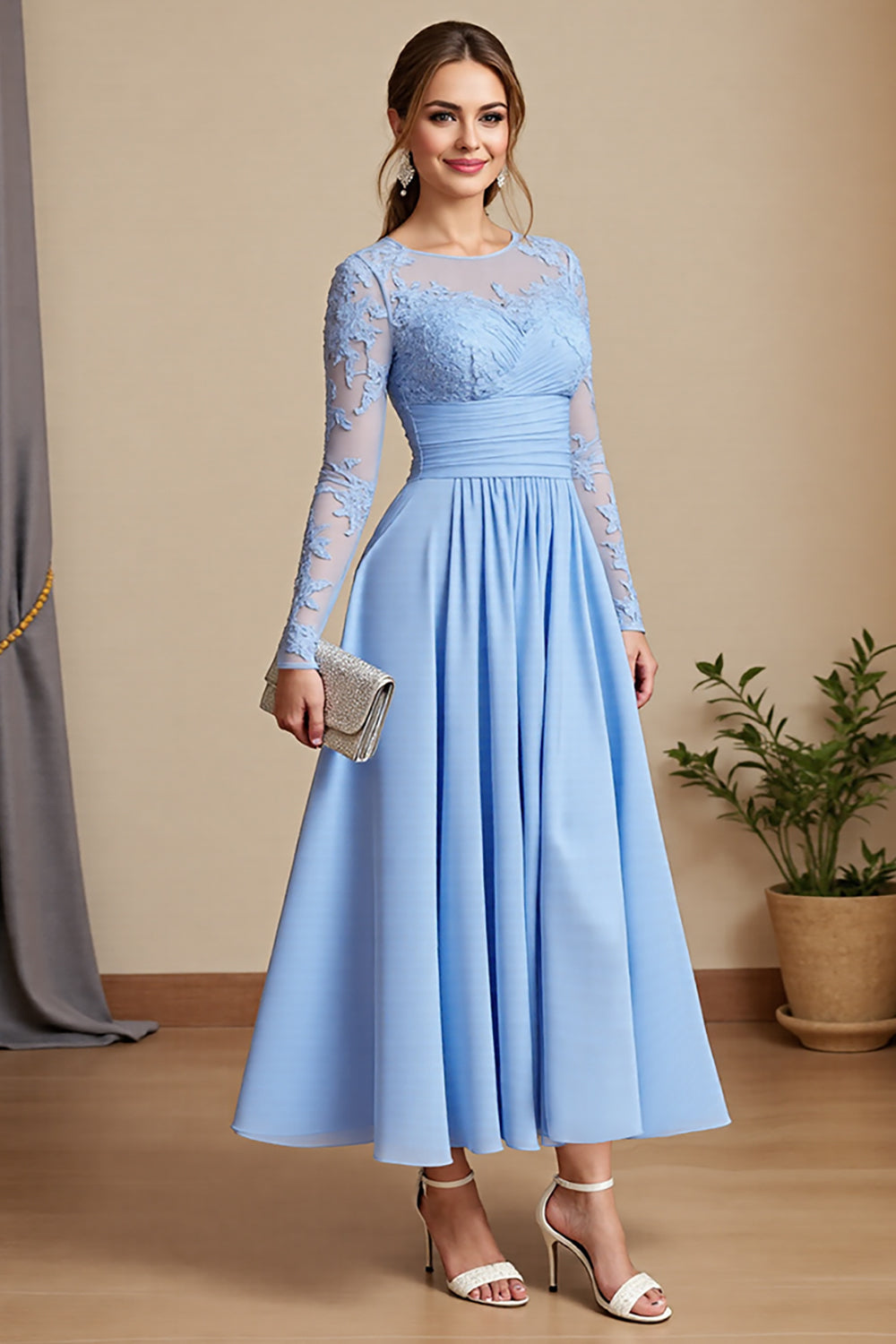 Sky Blue Satin A Line Maxi Mother of the Bride Dress with Lace
