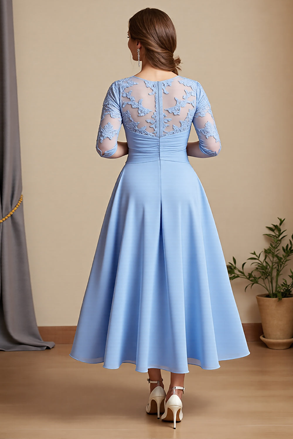 Sky Blue Satin A Line Maxi Mother of the Bride Dress with Lace
