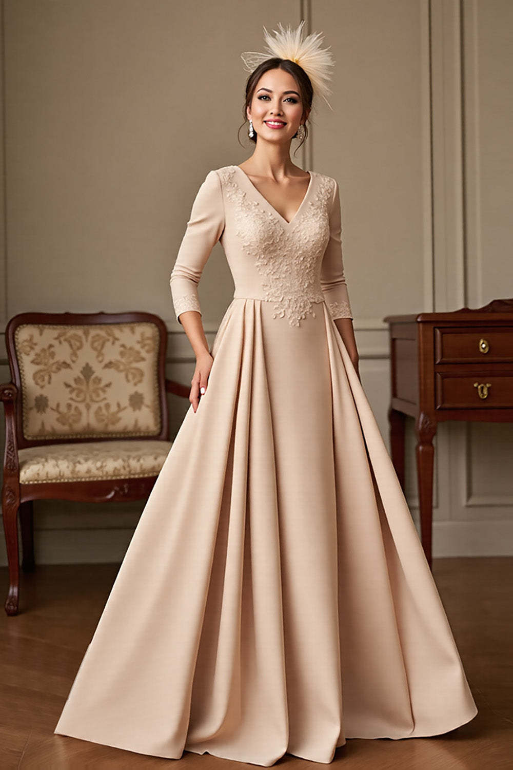 Leely Women Apricot Satin Maix Mother of the Bride Dress with Lace Appliques A Line 3/4 Sleeves V-Neck Formal Dress