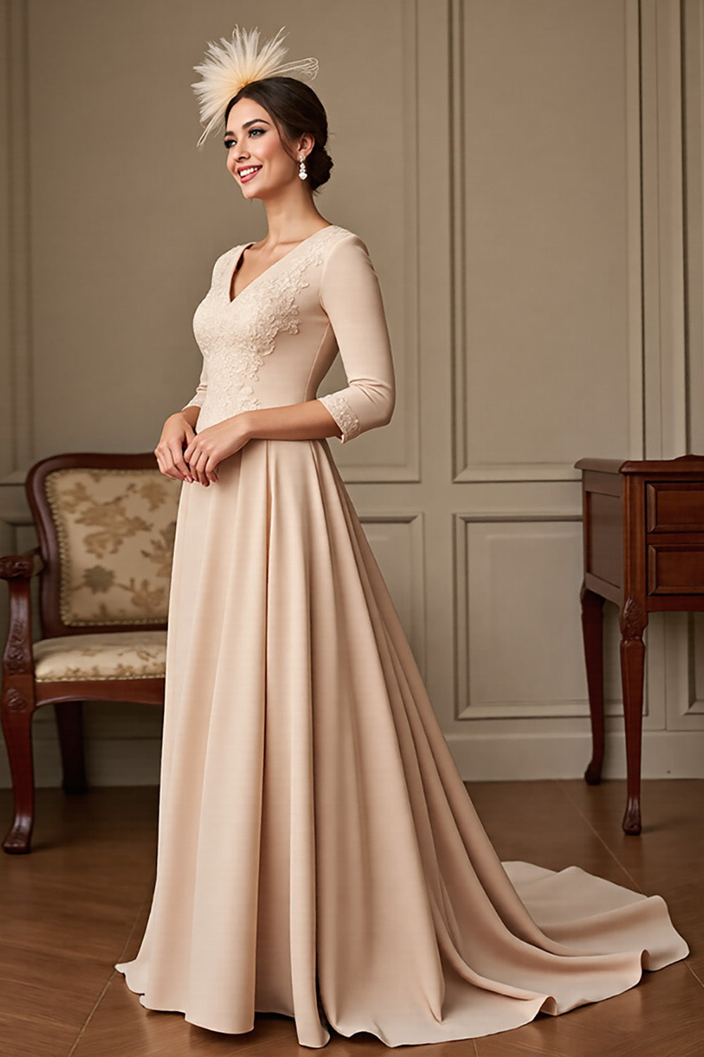 Apricot A Line V-Neck Satin Maxi Mother of the Bride Dress with Lace Appliques