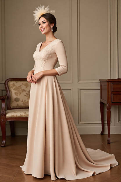 Apricot A Line V-Neck Satin Maxi Mother of the Bride Dress with Lace Appliques