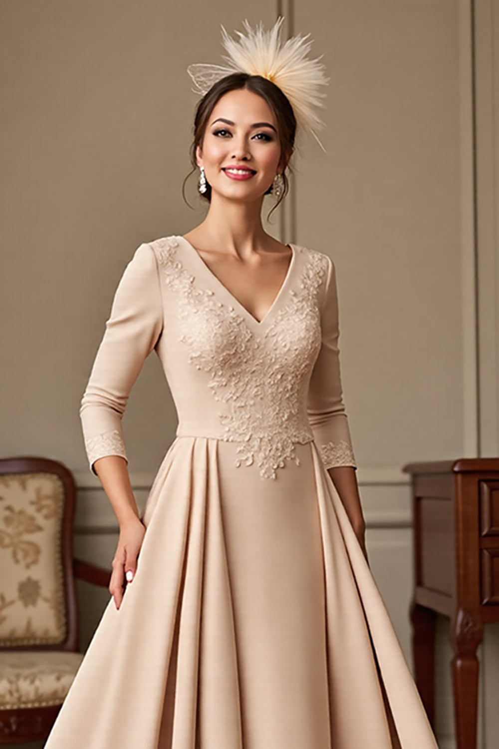Apricot A Line V-Neck Satin Maxi Mother of the Bride Dress with Lace Appliques