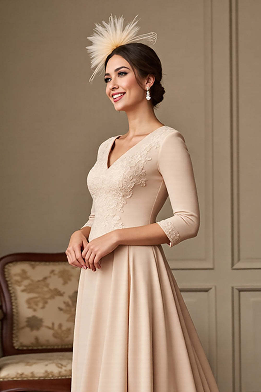 Apricot A Line V-Neck Satin Maxi Mother of the Bride Dress with Lace Appliques