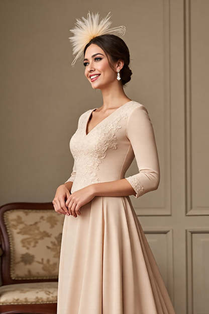 Apricot A Line V-Neck Satin Maxi Mother of the Bride Dress with Lace Appliques