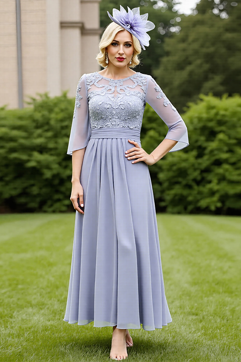 Grey Blue A Line Maxi Mother of the Bride Dress with Lace