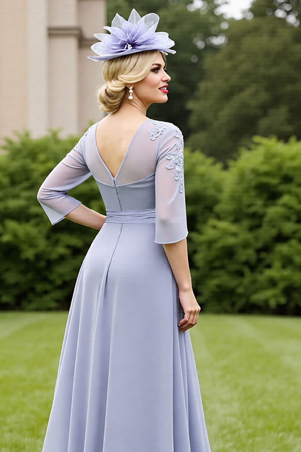 Grey Blue A Line Maxi Mother of the Bride Dress with Lace