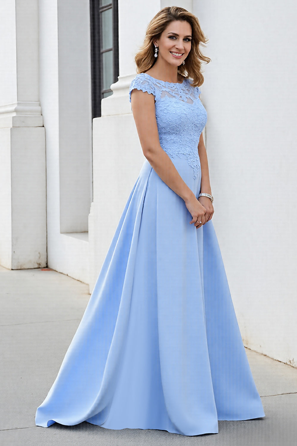 Sky Blue Satin Maxi Mother of the Bride Dress with Lace