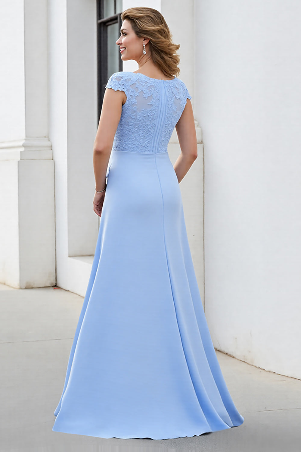 Sky Blue Satin Maxi Mother of the Bride Dress with Lace